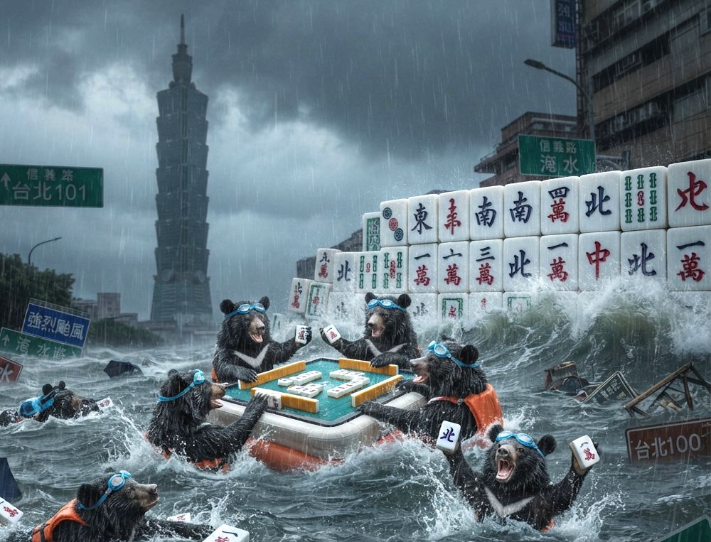 台北101淹水奇景,大雨滂沱照樣槓上開花,牌友們在風雨中相約信義區,大雨狂襲不忘海底撈月,大雨狂襲不忘海底撈月,台灣熊愛打麻將,台灣黑熊打麻將,水上移動式麻將館,台灣大淹水直接變成威尼斯,台灣黑熊水上樂園搓麻將,打麻將比水上樂園還好玩